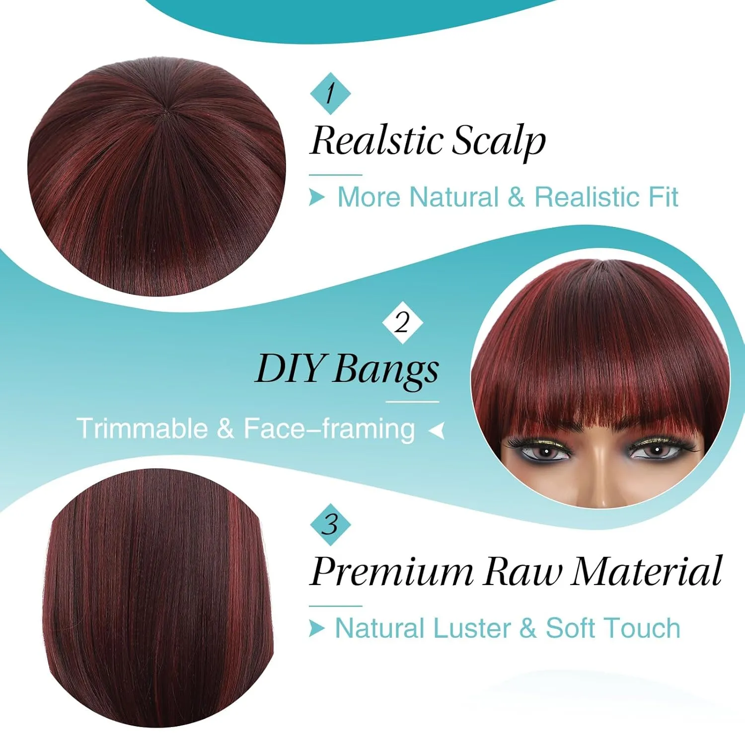 Kalyss Bob Wigs for Women Short Straight Bob Wig with Hair Bangs Natural Looking Heat Resistant Synthetic Hair Wigs for Women 13 Inches (Mix Black Cherry)