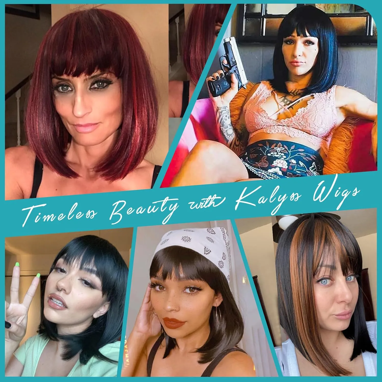 Kalyss Bob Wigs for Women Short Straight Bob Wig with Hair Bangs Natural Looking Heat Resistant Synthetic Hair Wigs for Women 13 Inches (Mix Black Cherry)