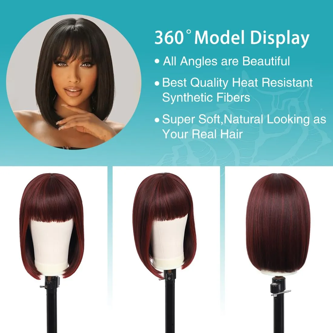 Kalyss Bob Wigs for Women Short Straight Bob Wig with Hair Bangs Natural Looking Heat Resistant Synthetic Hair Wigs for Women 13 Inches (Mix Black Cherry)