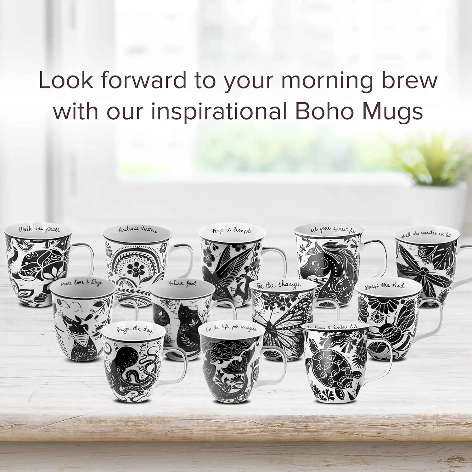 Karma Gifts 16 oz Black and White Boho Mug Butterfly - Cute Coffee and Tea Mug - Ceramic Coffee Mugs for Women and Men
