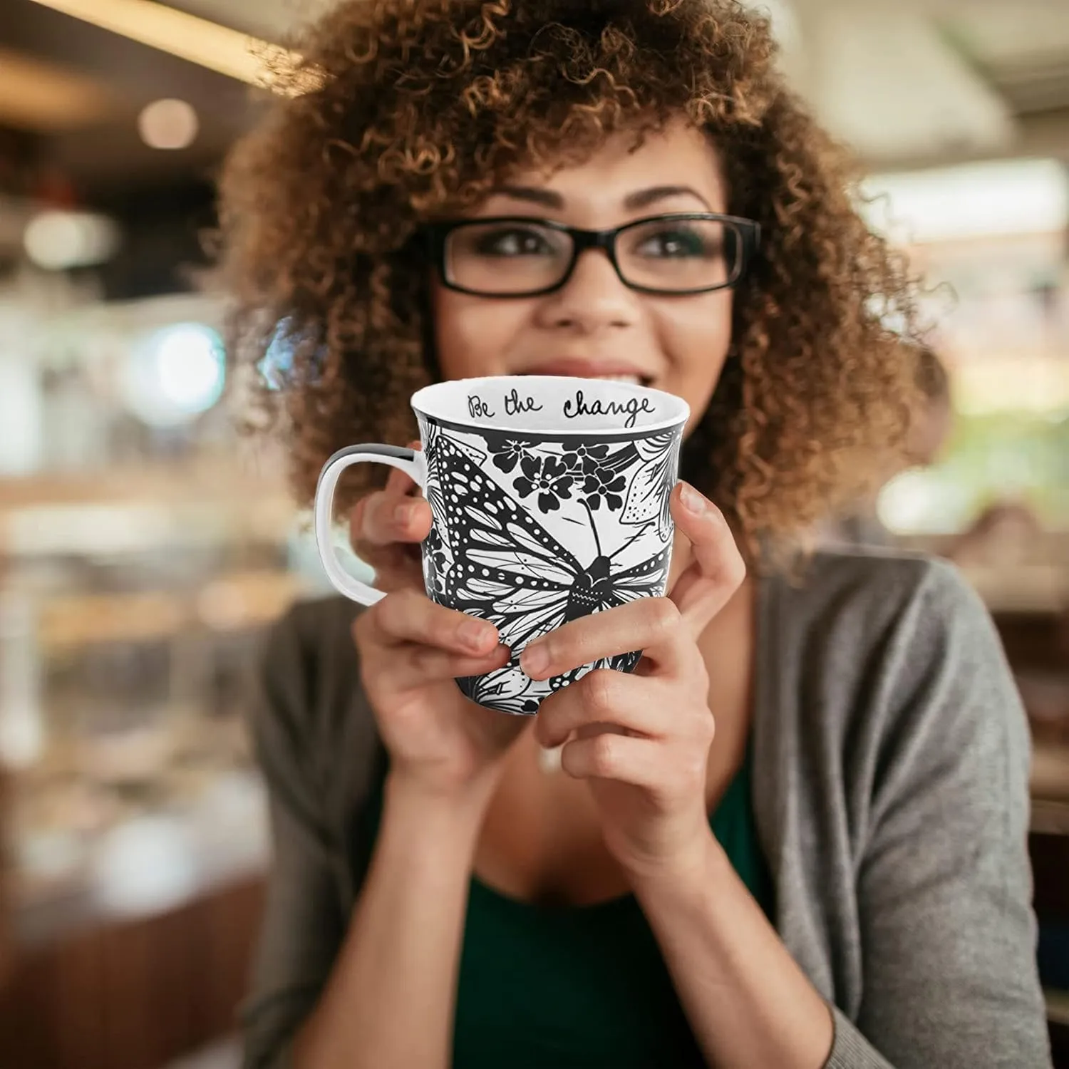 Karma Gifts 16 oz Black and White Boho Mug Butterfly - Cute Coffee and Tea Mug - Ceramic Coffee Mugs for Women and Men