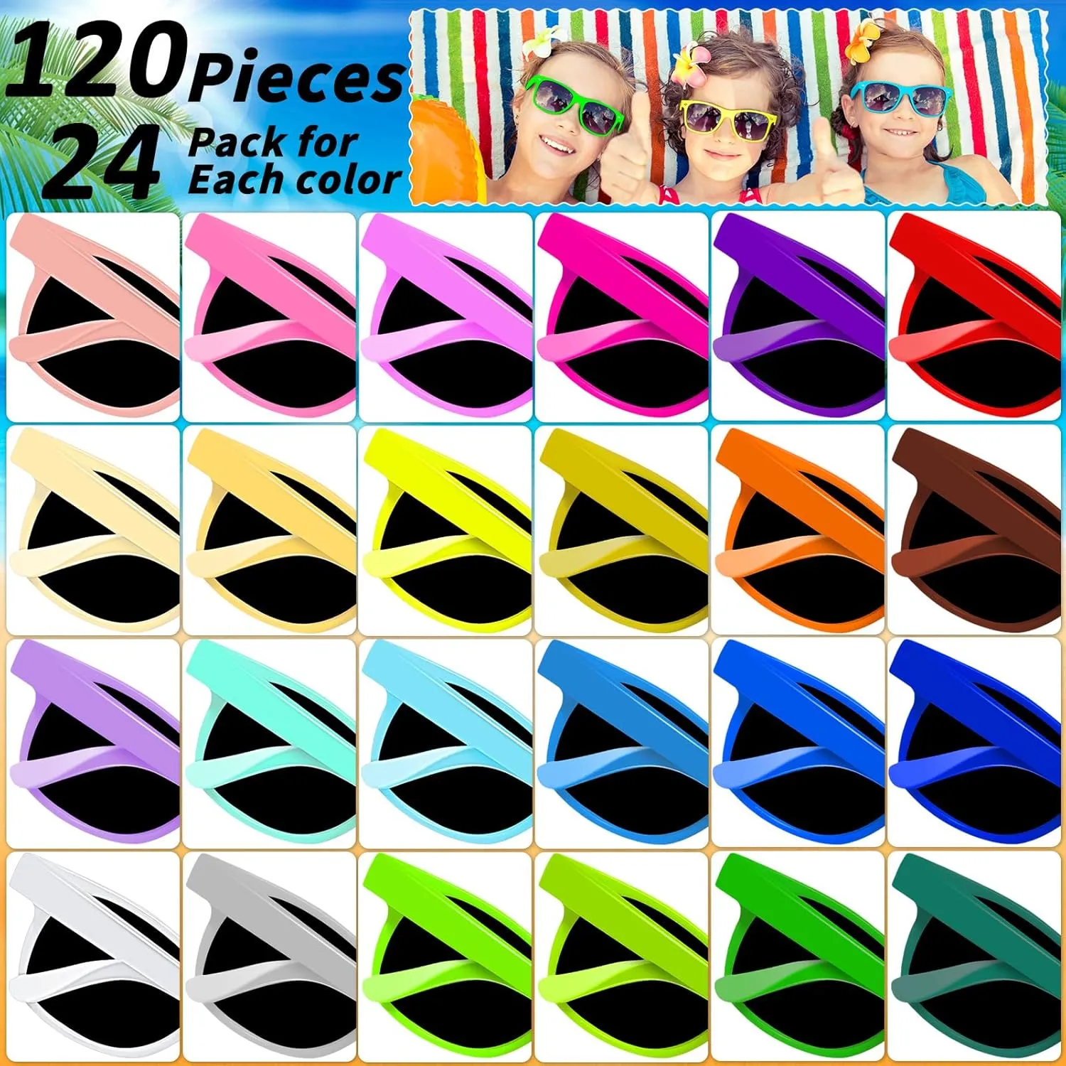 Kids Neon Sunglasses Party Favors Bulk,Summer Beach Party Sunglasses 80's Style Colorful Novelty Sunglasses 3-8