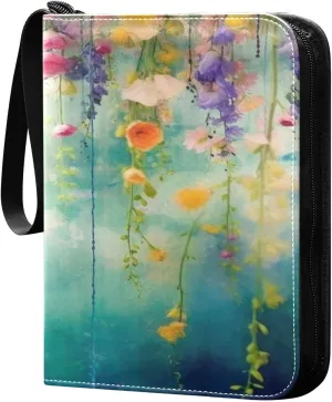 Kigai Trading Card Binder with 50 Sleeves, 400 Pockets PU Zipper Card Collection Binder 4-Pocket Portable Card Folder for Sports Cards, Game Cards (Art Flower Painting)