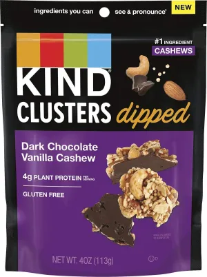 KIND Snack Clusters Dipped in Dark Chocolate – Vanilla Cashew Flavor, Gluten-Free Nut Snack with 4g Protein, Crunchy & Sweet, 4oz Bag (2, Dark Chocolate Vanilla Cashew)