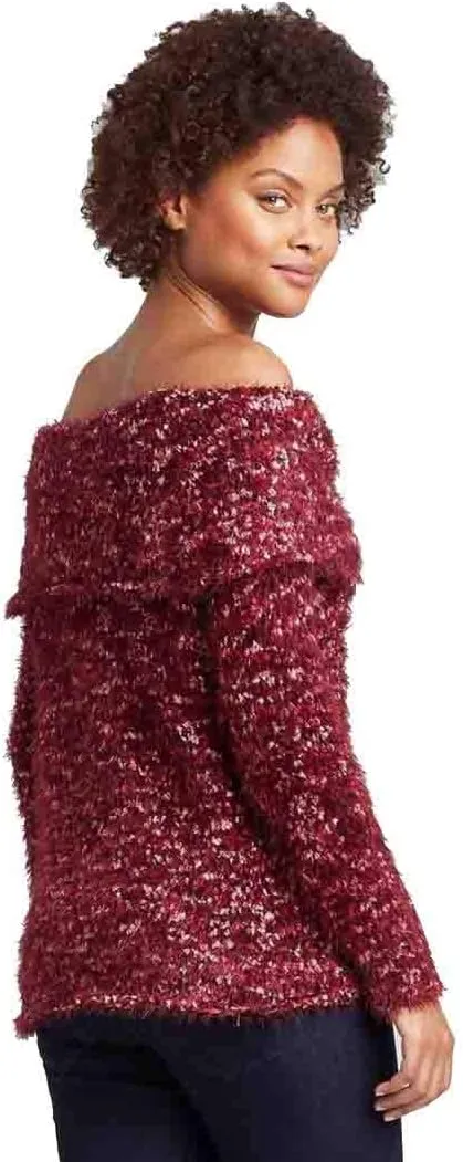 Knox Rose Women's Off The Shoulder Eyelash Sweater (Red)