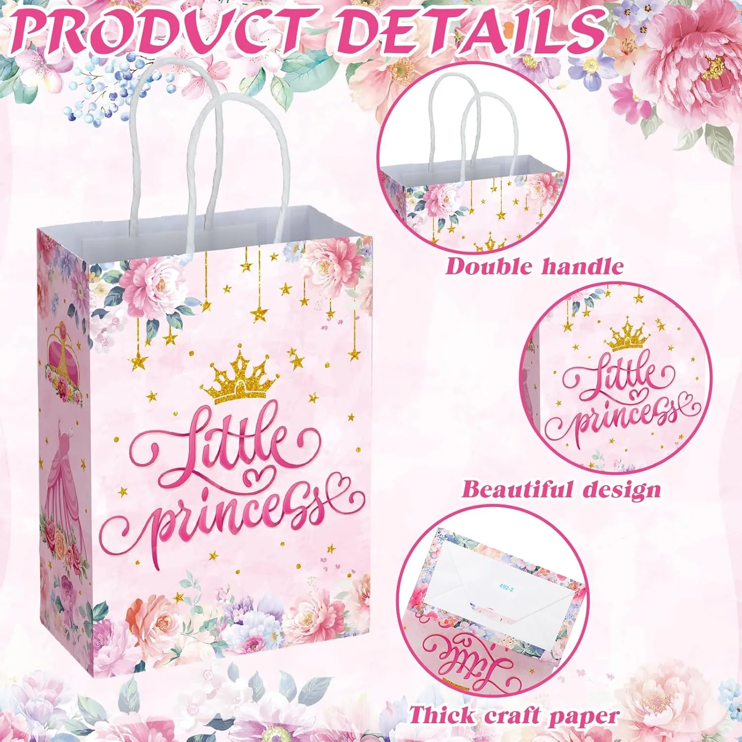 Kosiz 24 Pcs Princess Party Favors Bags Paper Little Princess Gift Goodie Bags with Handles Pink Floral Castle Crown Carriage Candy Treat Pouch for Girls Birthday Baby Shower Party Decoration Supplies