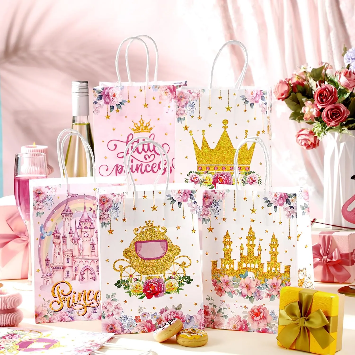 Kosiz 24 Pcs Princess Party Favors Bags Paper Little Princess Gift Goodie Bags with Handles Pink Floral Castle Crown Carriage Candy Treat Pouch for Girls Birthday Baby Shower Party Decoration Supplies