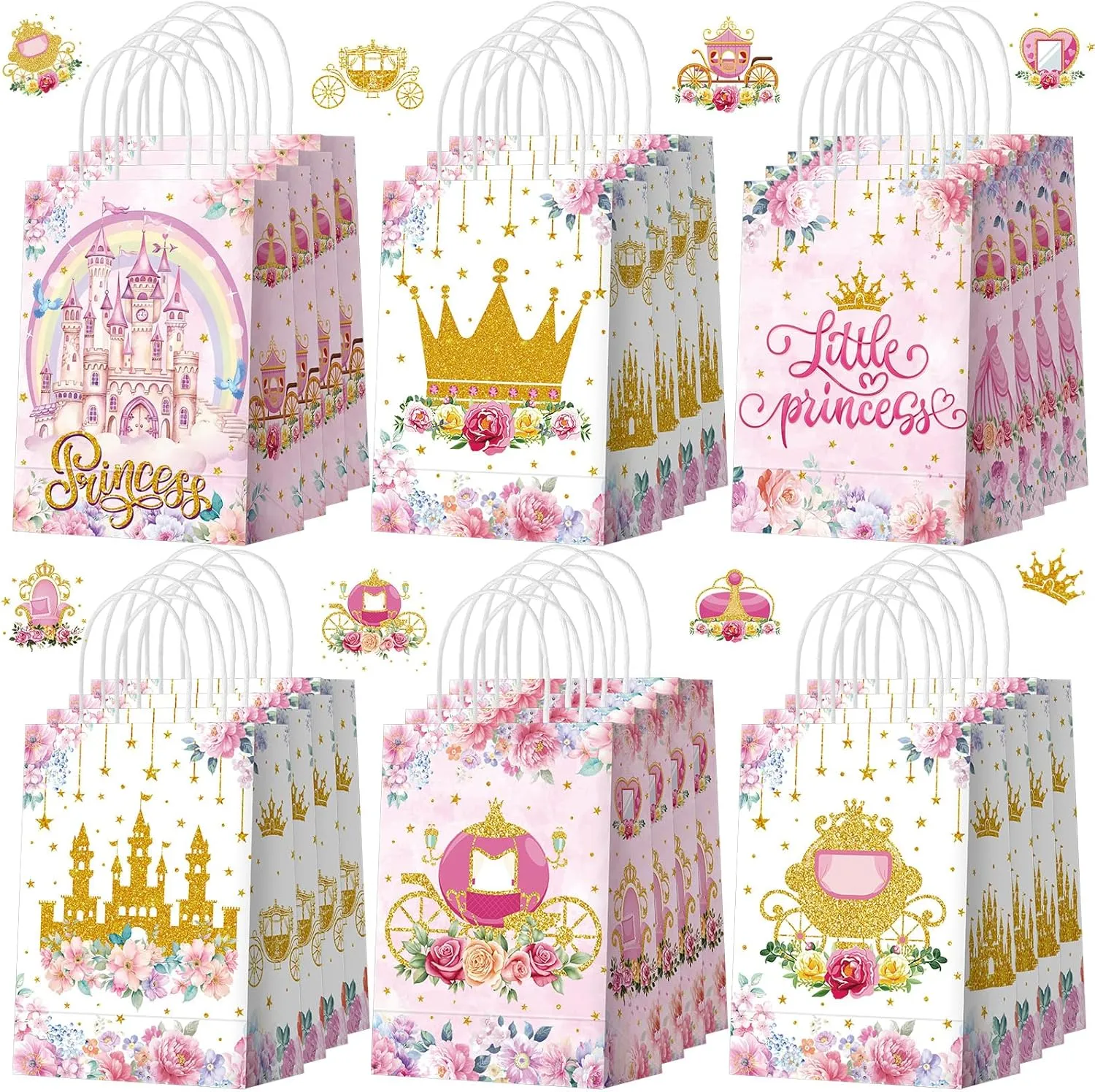 Kosiz 24 Pcs Princess Party Favors Bags Paper Little Princess Gift Goodie Bags with Handles Pink Floral Castle Crown Carriage Candy Treat Pouch for Girls Birthday Baby Shower Party Decoration Supplies