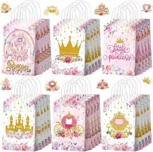 Kosiz 24 Pcs Princess Party Favors Bags Paper Little Princess Gift Goodie Bags with Handles Pink Floral Castle Crown Carriage Candy Treat Pouch for Girls Birthday Baby Shower Party Decoration Supplies