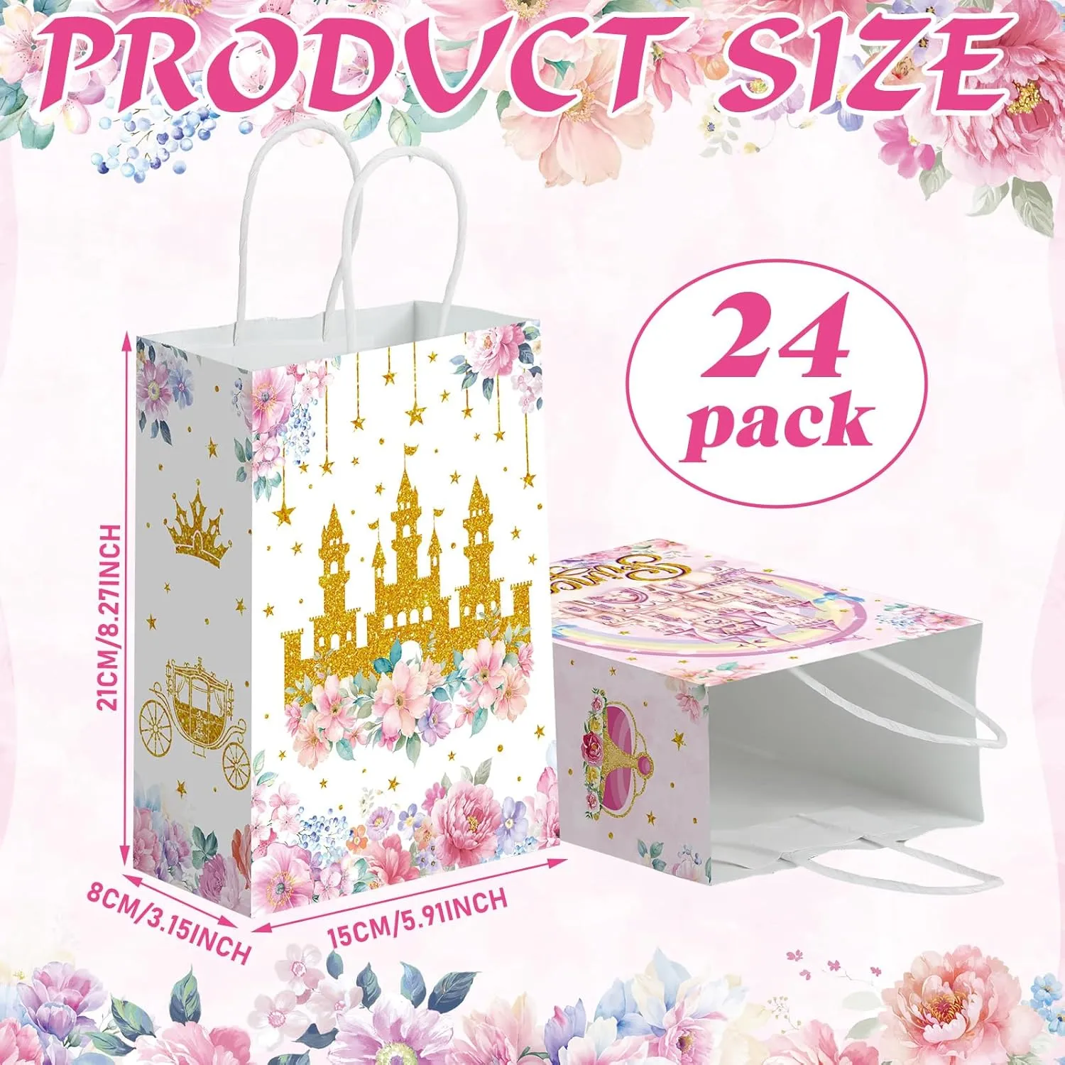 Kosiz 24 Pcs Princess Party Favors Bags Paper Little Princess Gift Goodie Bags with Handles Pink Floral Castle Crown Carriage Candy Treat Pouch for Girls Birthday Baby Shower Party Decoration Supplies