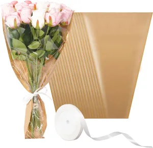 Kosotody 50Pcs Flower Bags for Bouquets,Flower Packing Kraft Paper Sleeves with Ribbons for Florist Supplies Wedding BirthdayMother's Day, 14 x 22 Inches
