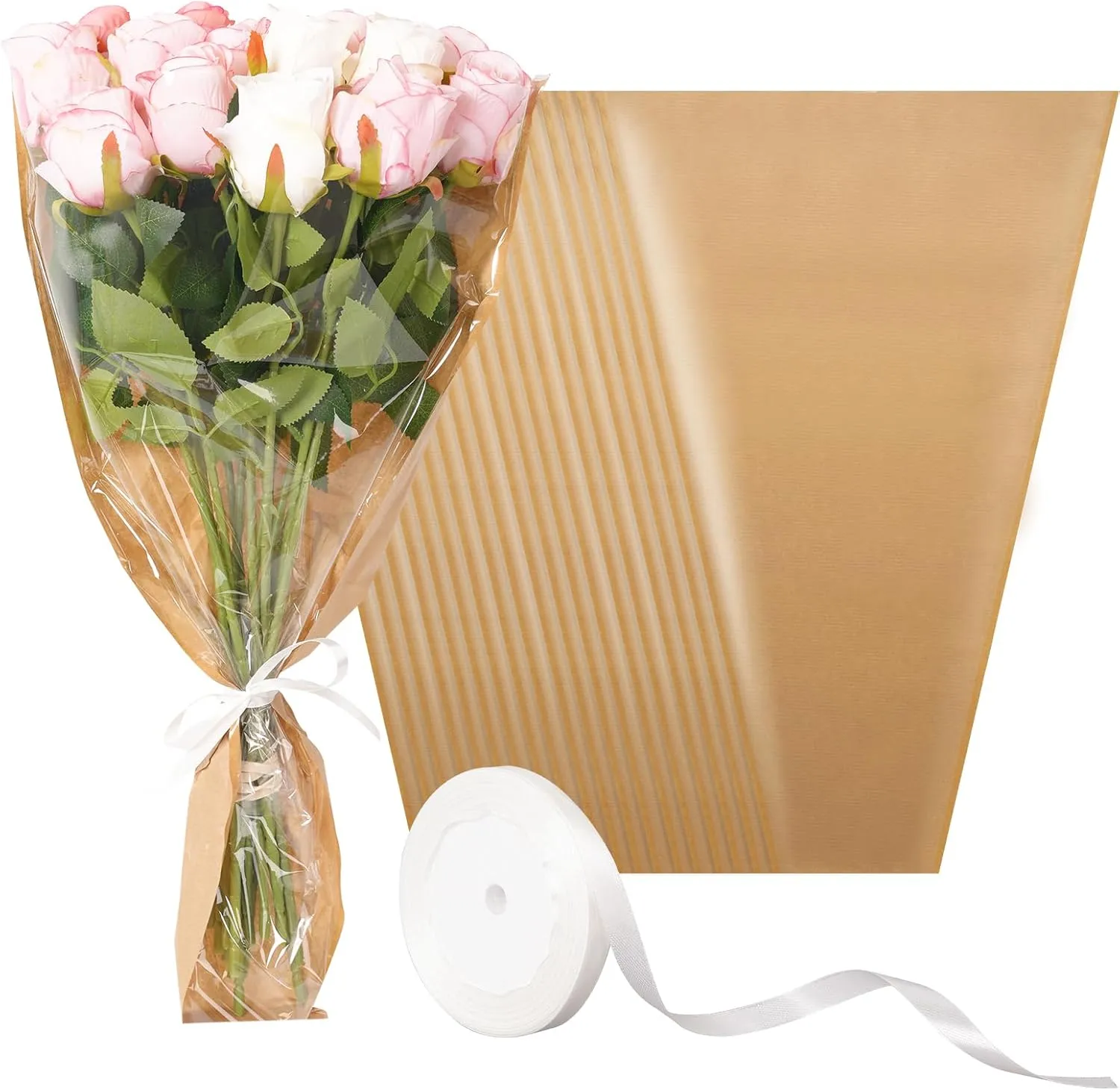 Kosotody 50Pcs Flower Bags for Bouquets,Flower Packing Kraft Paper Sleeves with Ribbons for Florist Supplies Wedding BirthdayMother's Day, 14 x 22 Inches