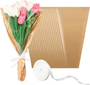 Kosotody 50Pcs Flower Bags for Bouquets,Flower Packing Kraft Paper Sleeves with Ribbons for Florist Supplies Wedding BirthdayMother's Day, 9.8x3.9x17.9 Inches