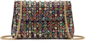 KUANG! Women Crystals Rhinestone Evening Bag Sparkling Banquet Handbag Party Square Clutch Purse with Chain