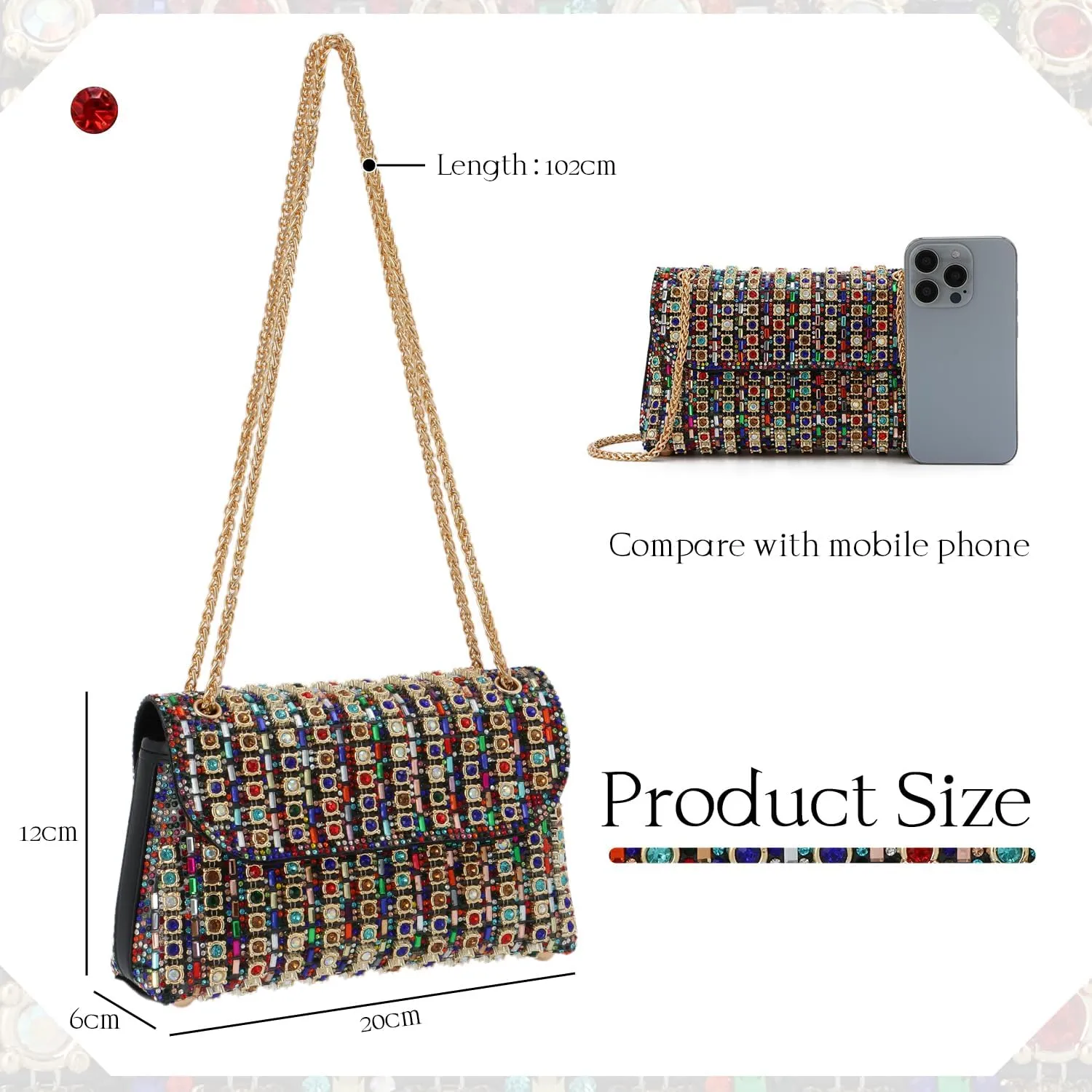 KUANG! Women Crystals Rhinestone Evening Bag Sparkling Banquet Handbag Party Square Clutch Purse with Chain