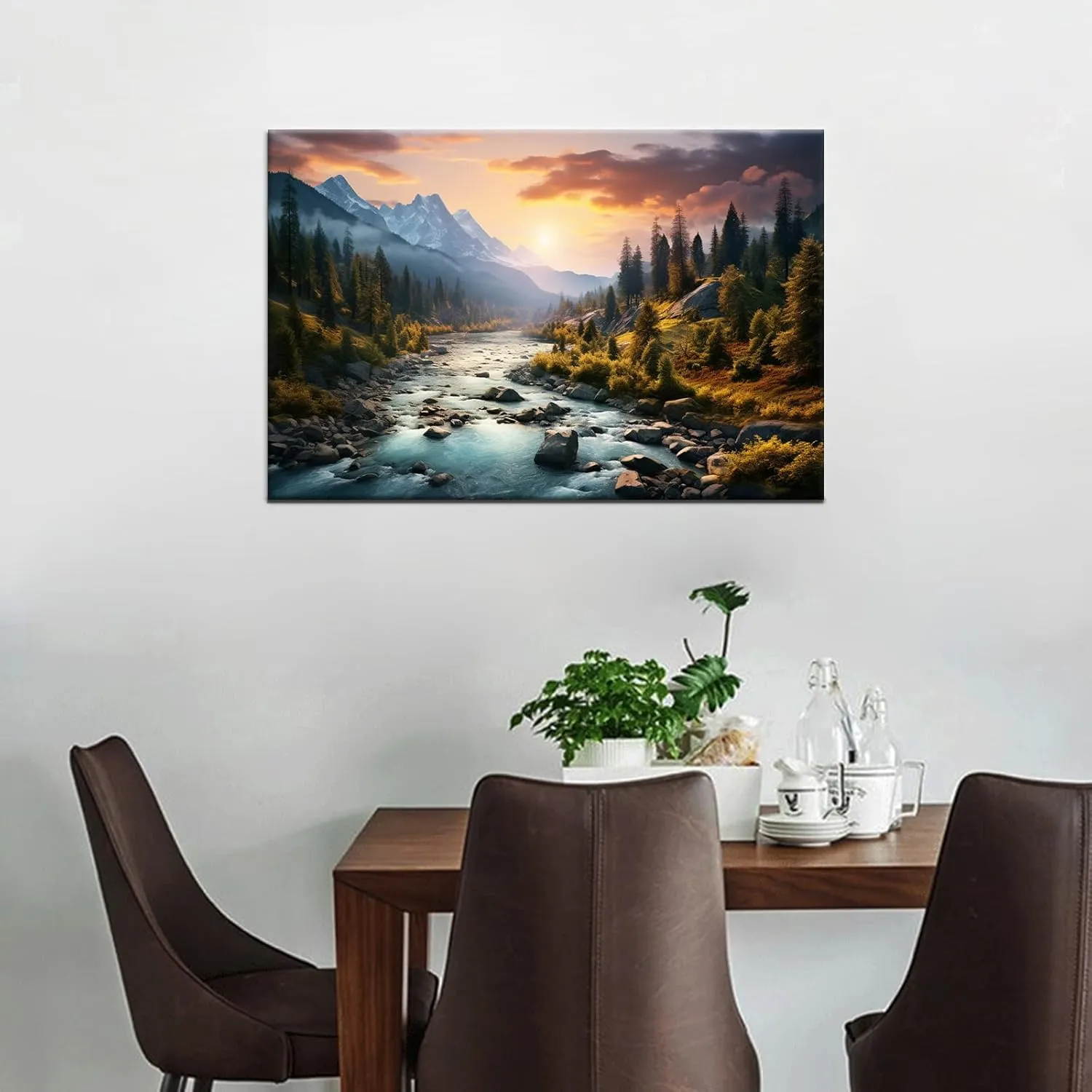 Landscape Canvas Wall Art Snow Mountain and River Pictures Living Room Pine Scenery Modern Artwork Painting Print on Canvas Framed Picture for Bedroom Living Room Home Decoration [18''W X 12''H]