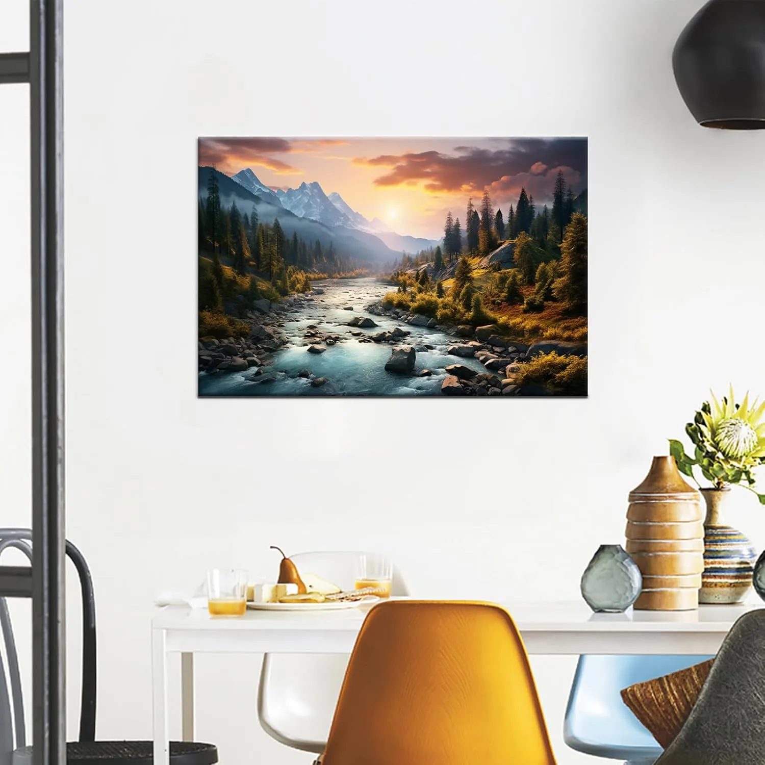 Landscape Canvas Wall Art Snow Mountain and River Pictures Living Room Pine Scenery Modern Artwork Painting Print on Canvas Framed Picture for Bedroom Living Room Home Decoration [18''W X 12''H]