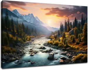 Landscape Canvas Wall Art Snow Mountain and River Pictures Living Room Pine Scenery Modern Artwork Painting Print on Canvas Framed Picture for Bedroom Living Room Home Decoration [18''W X 12''H]