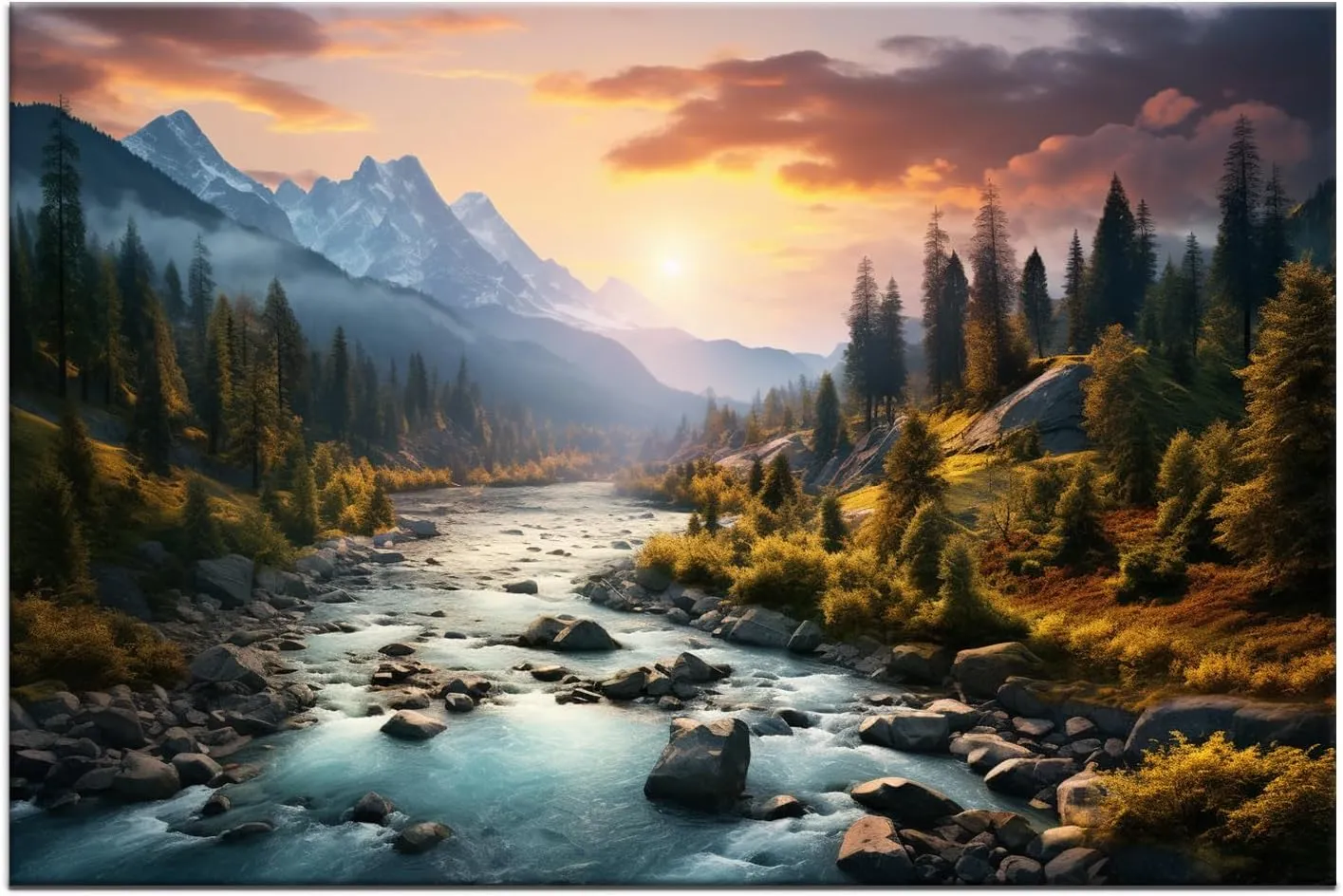 Landscape Canvas Wall Art Snow Mountain and River Pictures Living Room Pine Scenery Modern Artwork Painting Print on Canvas Framed Picture for Bedroom Living Room Home Decoration [18''W X 12''H]
