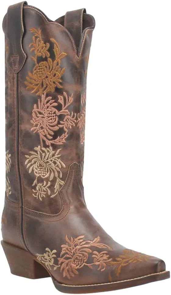 Laredo Womens Sylvan Floral Embroidery Snip Toe Casual Boots Mid Calf Low Heel 1-2" - Brown