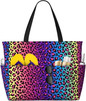 Large Beach Tote Bag for Women Extra Large Capacity Waterproof Sandproof Pool Bag Suitable for Swimming Pool Gym Groceries Travel - Leopard Neon Rainbow Gradient