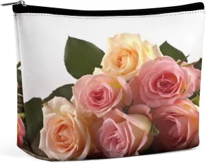 Large Capacity Makeup Bags for Women Portable Leather with Zipper Travelling Makeup Bag Roses Flower Printed