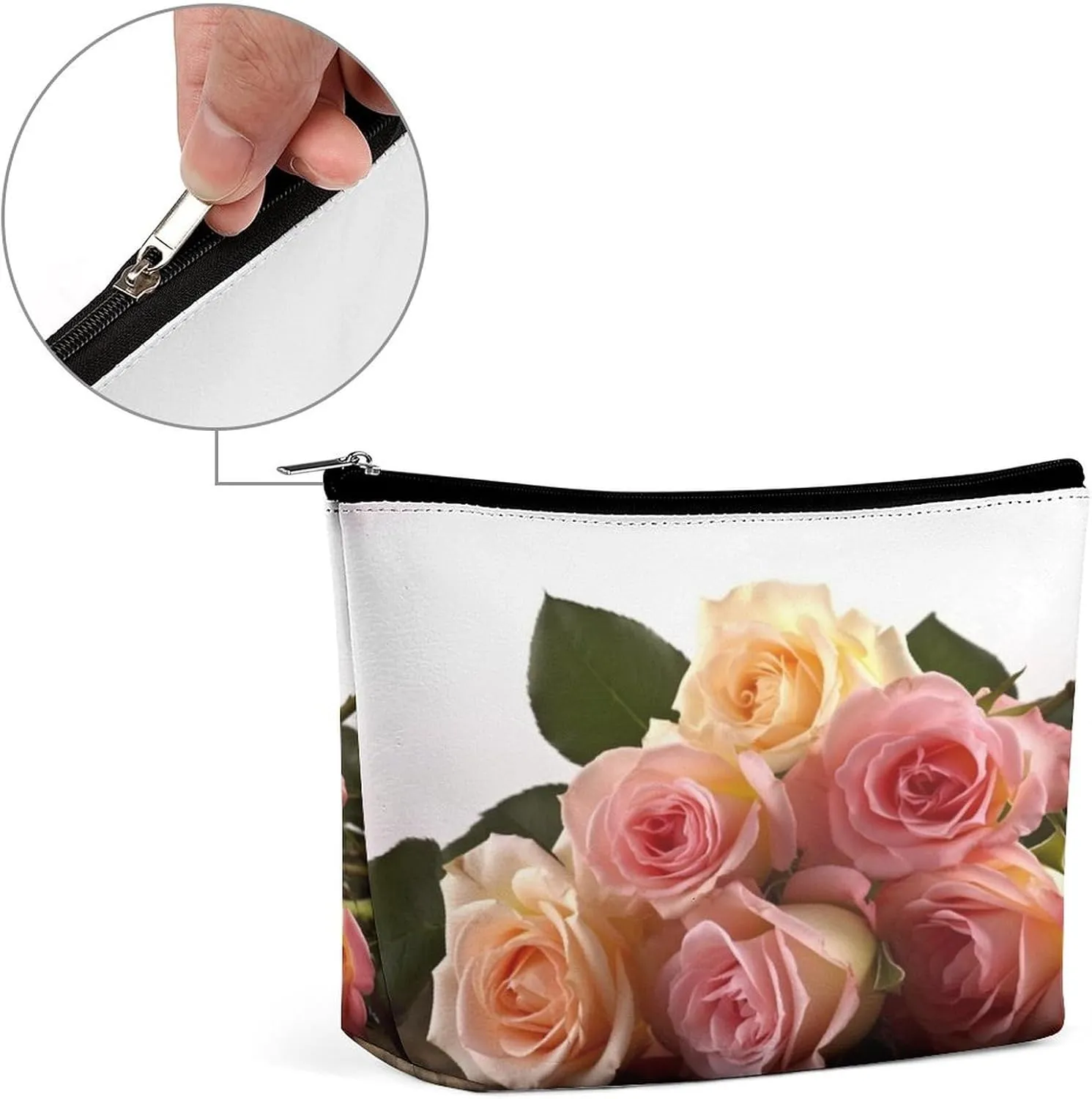 Large Capacity Makeup Bags for Women Portable Leather with Zipper Travelling Makeup Bag Roses Flower Printed