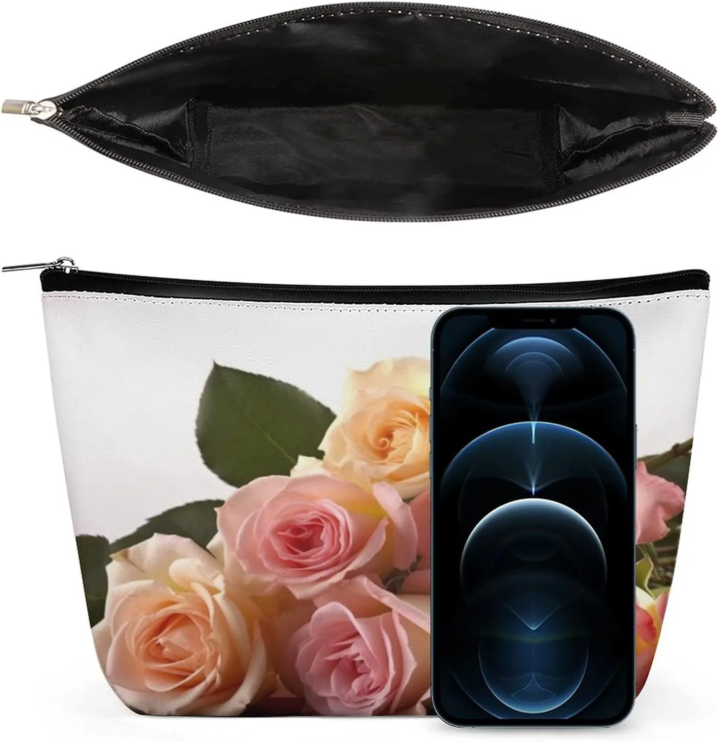 Large Capacity Makeup Bags for Women Portable Leather with Zipper Travelling Makeup Bag Roses Flower Printed