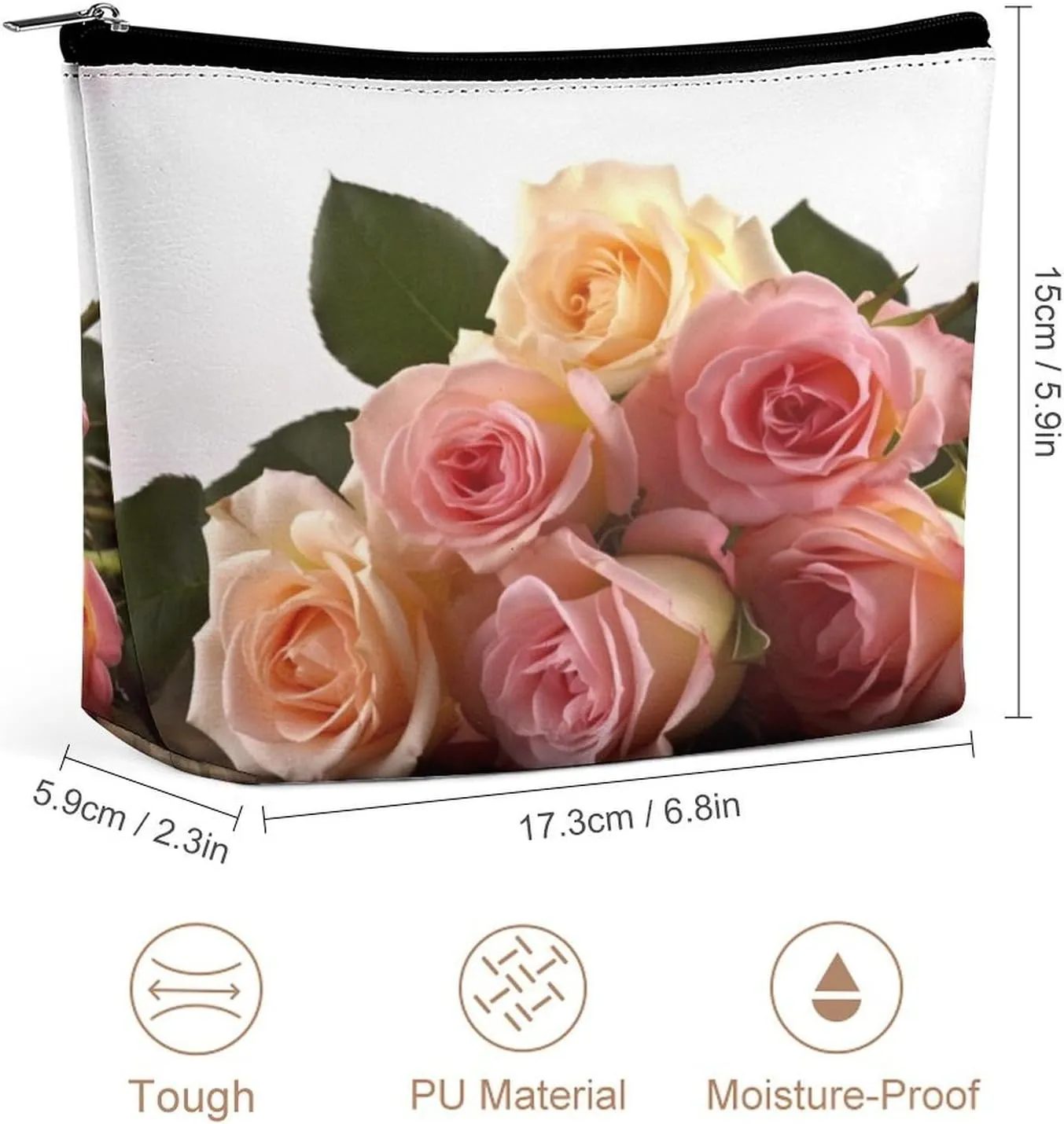 Large Capacity Makeup Bags for Women Portable Leather with Zipper Travelling Makeup Bag Roses Flower Printed