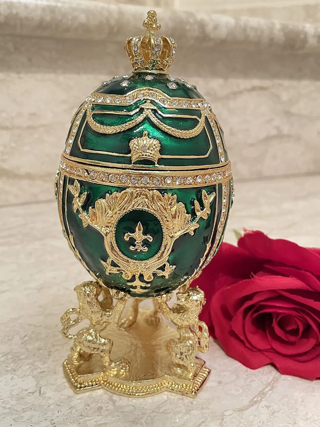 Large Emerald Green Fabergé Egg 24KGOLD 4ct Collectors Egg Russian Jewelry Box Faberge Egg Trinket HAND Decorated with 200 Crystal DIAMONDS Russian Faberge egg Ornament Anniversary day gift for men