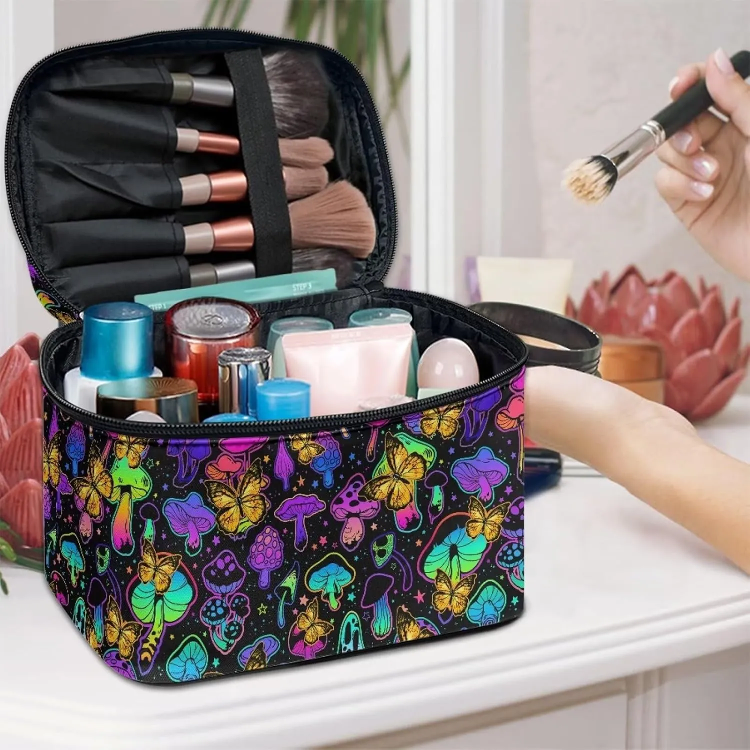 Large Toiletry Bags for Women Mushroom Portable Butterfly Make Up Organizer Travelling Bag for Professional Make Up Artist,Valentine'S Day Gift for Her