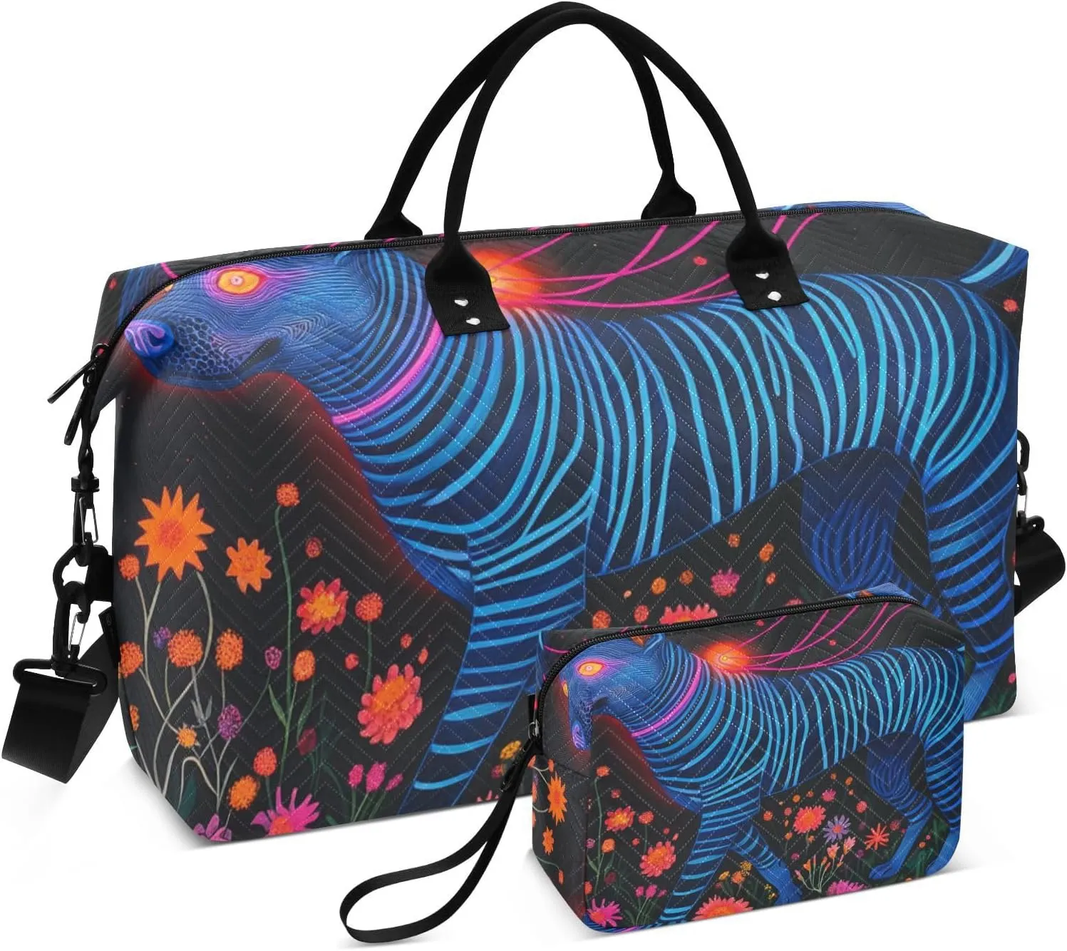 Large Travel Bag Travel Weekender Gear Bag Gym Duffel Bag with Adjustable Strap for Workout Waterproof Neon Colored Art Dog Flower