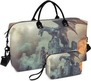 Large Travel Duffel Bag Dragon Castle Roar Sports Tote Gym Bags, Shoulder Weekender Overnight Bags for Women Men, Carry On Luggage with Toiletry Bag