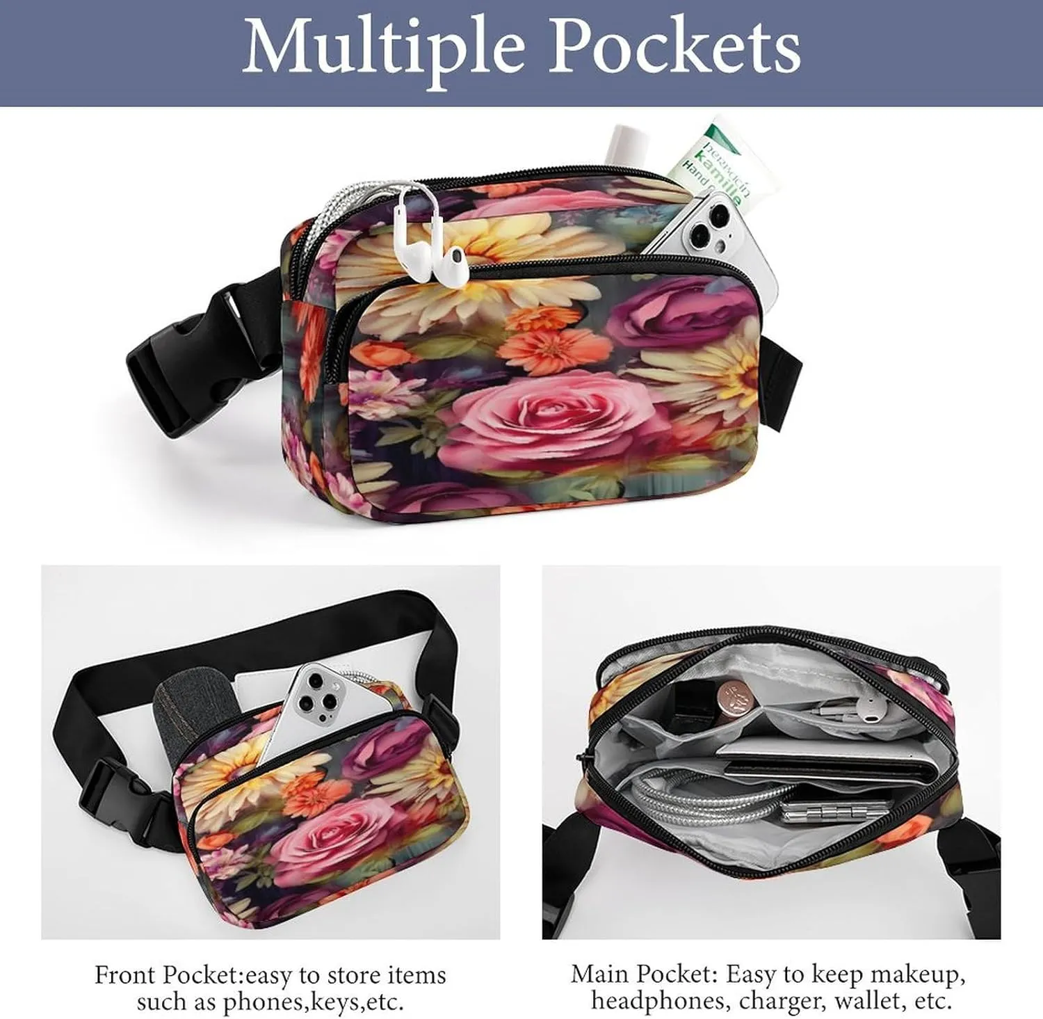 Large Waist Packs with Adjustable Strap,Flower Cluster CrossBody Fanny Pack Casual Bag for Travel Sports Running Hiking