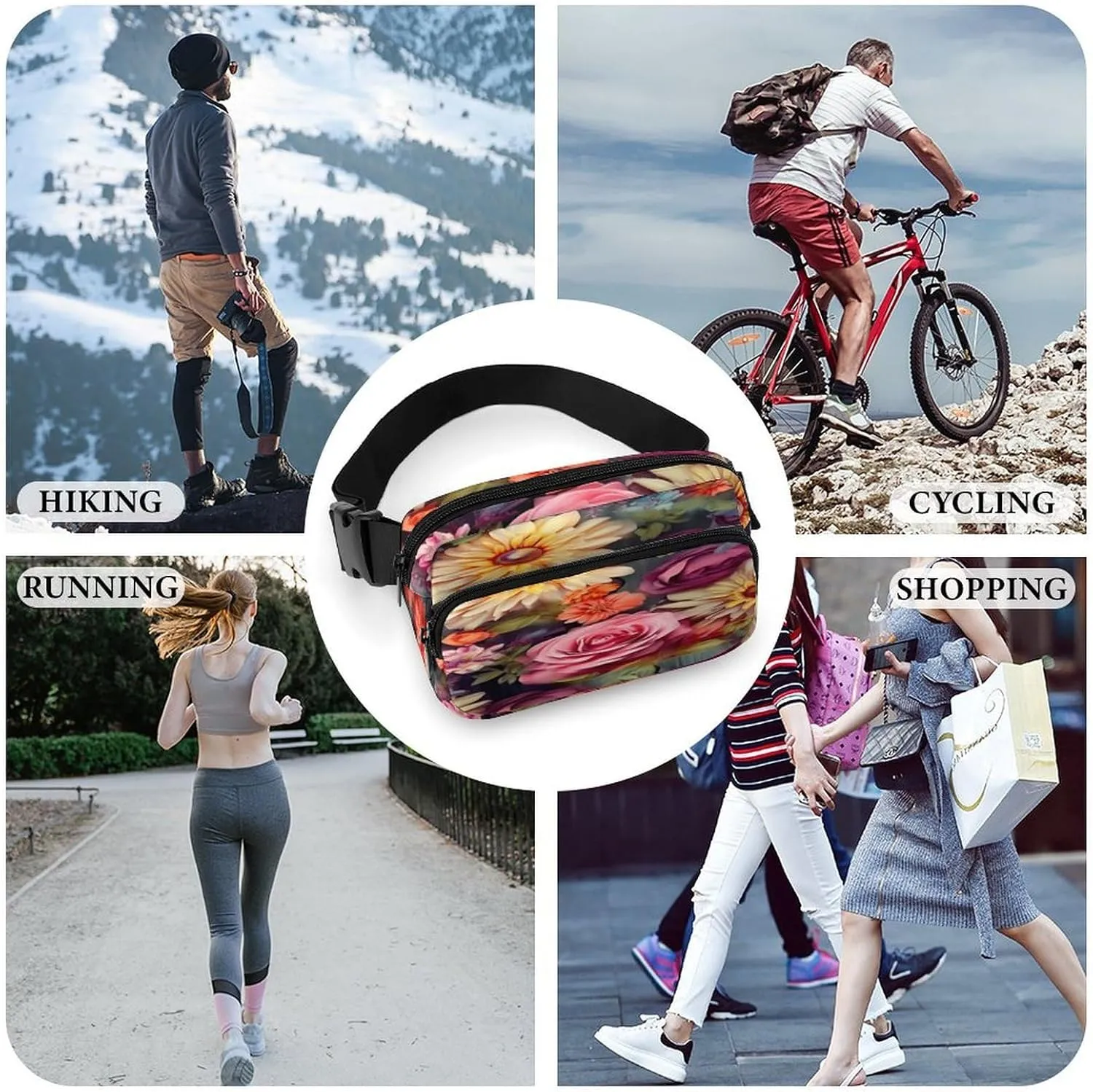 Large Waist Packs with Adjustable Strap,Flower Cluster CrossBody Fanny Pack Casual Bag for Travel Sports Running Hiking