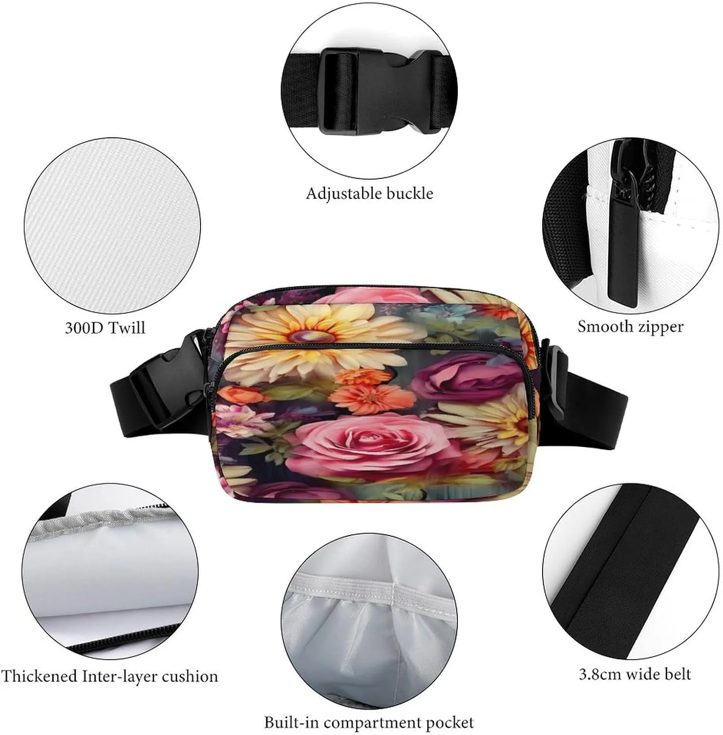 Large Waist Packs with Adjustable Strap,Flower Cluster CrossBody Fanny Pack Casual Bag for Travel Sports Running Hiking
