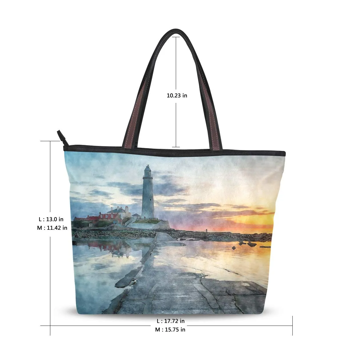Large Women Tote Bag Watercolor Lighthouse Sunset Handbags Tote Handle with Zipper Shoulder Bag Grocery Shopping Work Bag