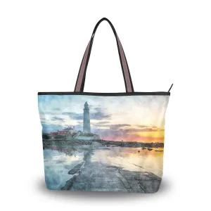 Large Women Tote Bag Watercolor Lighthouse Sunset Handbags Tote Handle with Zipper Shoulder Bag Grocery Shopping Work Bag