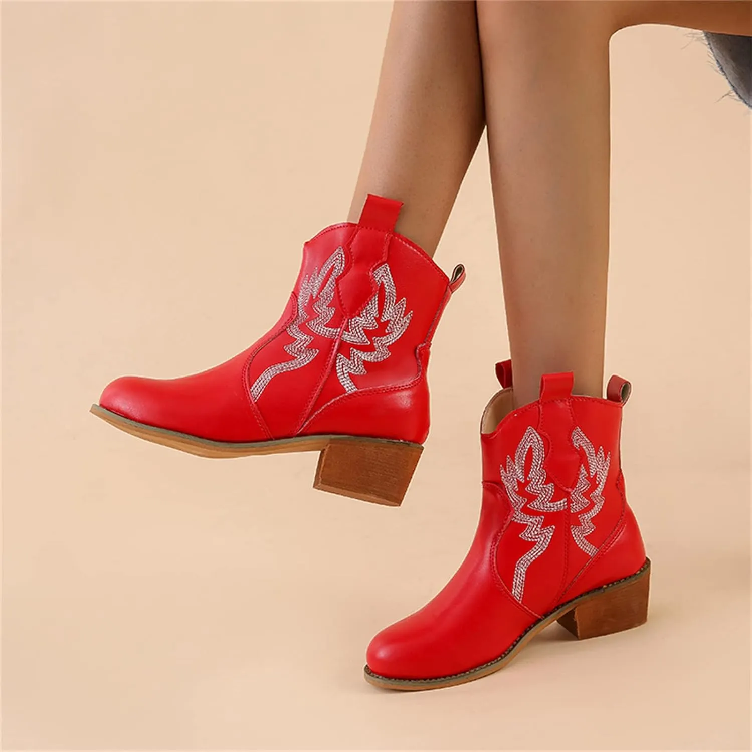 Lausiuoe Boots For Women Cowboy Style Wide Calf Cowgirl Western Embroidery Low Heel Knee High Fashion Chunky Boots