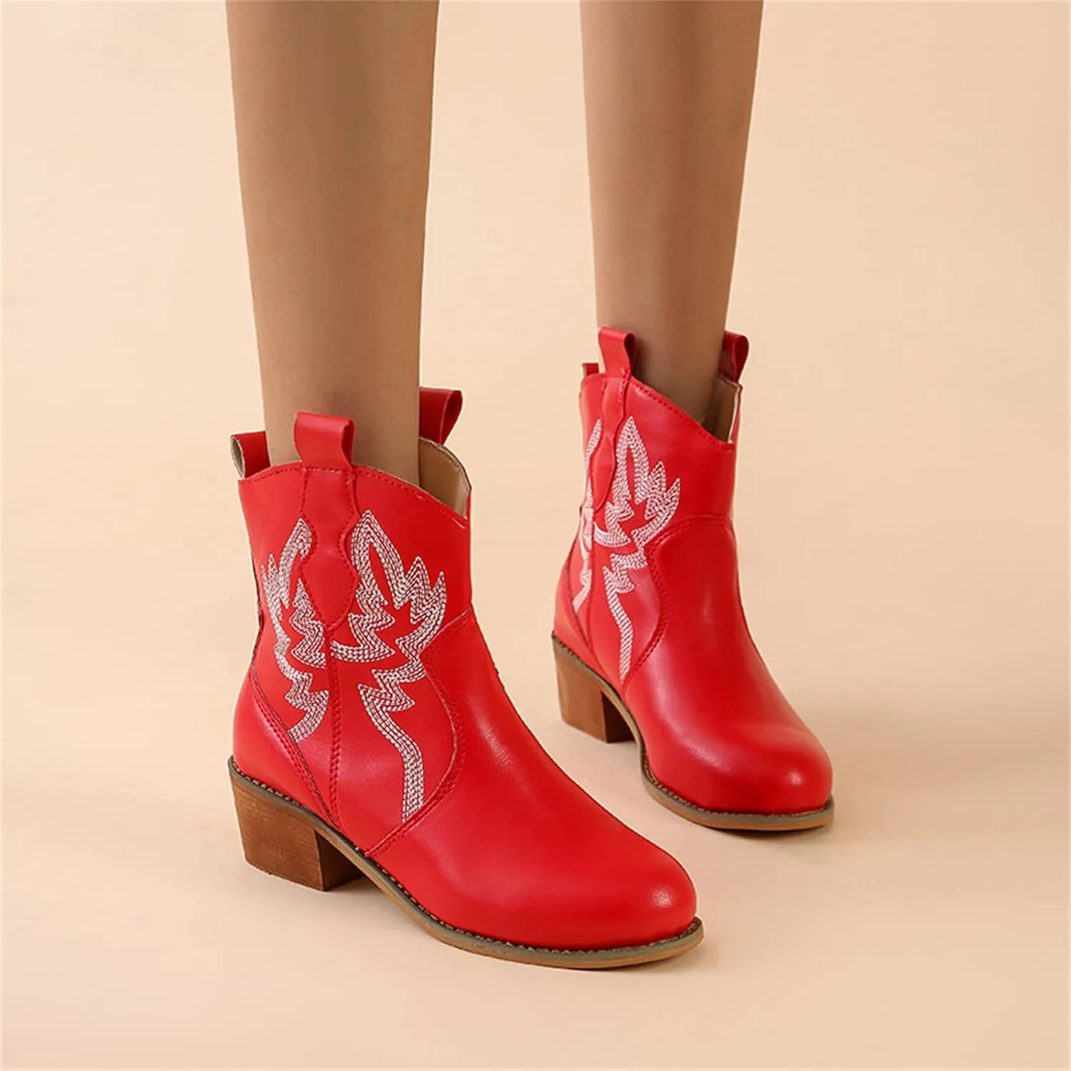 Lausiuoe Boots For Women Cowboy Style Wide Calf Cowgirl Western Embroidery Low Heel Knee High Fashion Chunky Boots