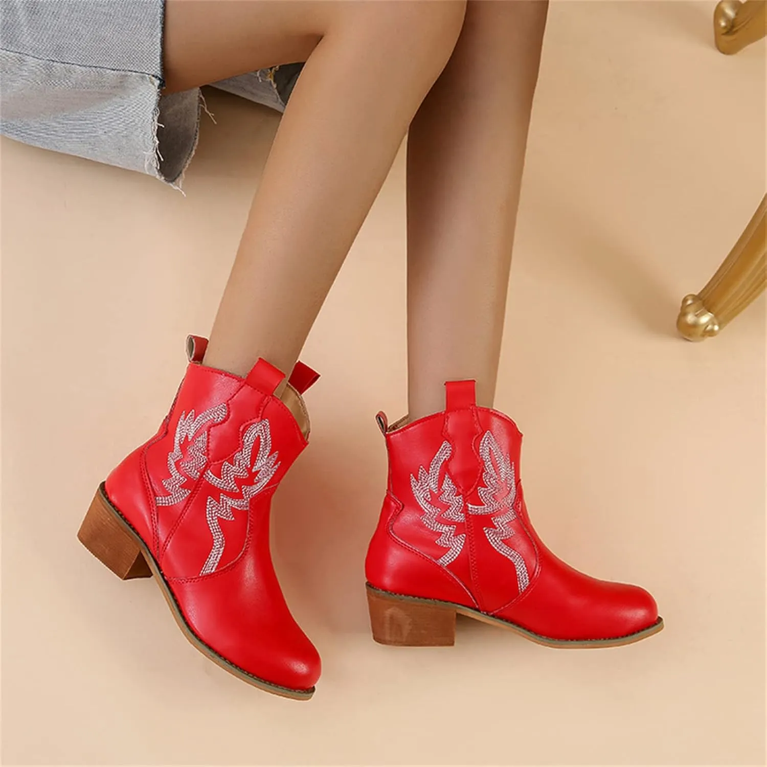 Lausiuoe Boots For Women Cowboy Style Wide Calf Cowgirl Western Embroidery Low Heel Knee High Fashion Chunky Boots
