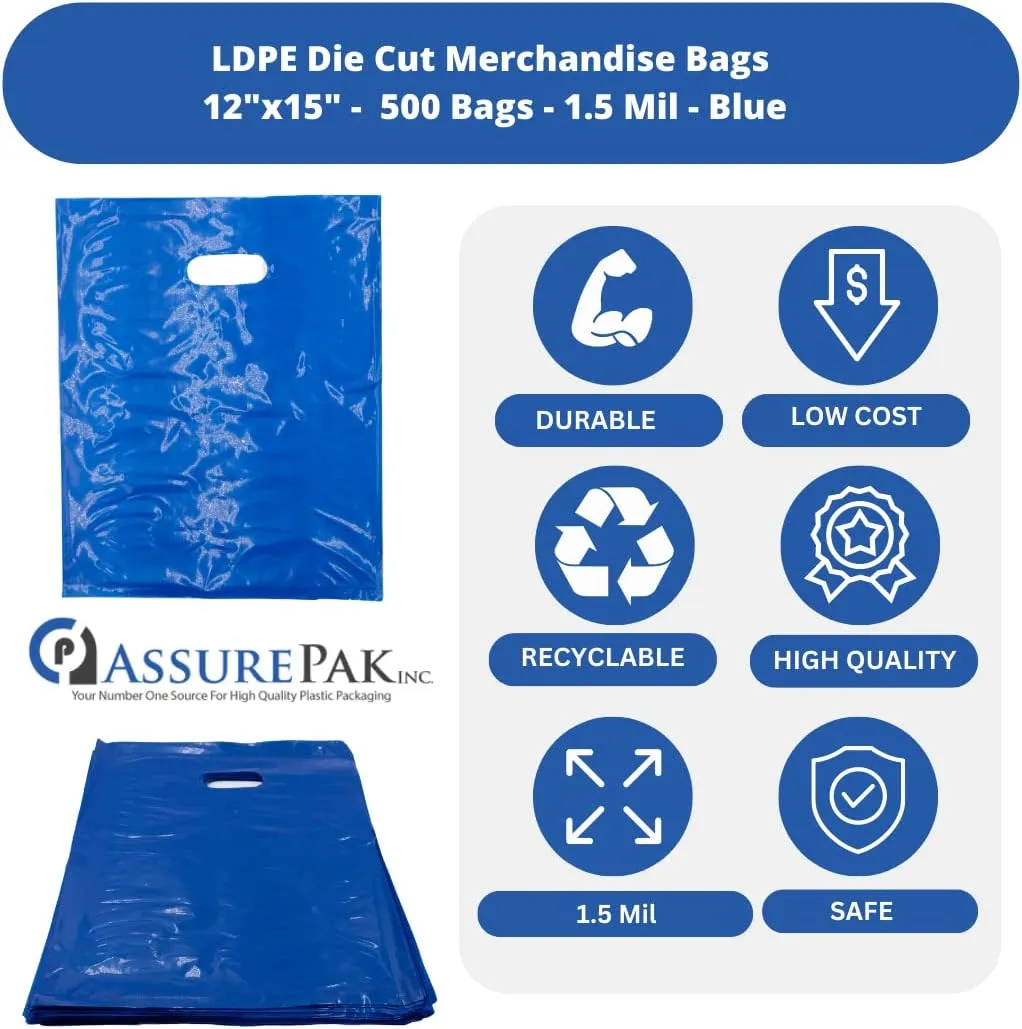 LDPE Die Cut Merchandies Bags - 12"x15" - 500 Bags - 1.5 mil - Blue - 1215DCBLUE - AssurePak