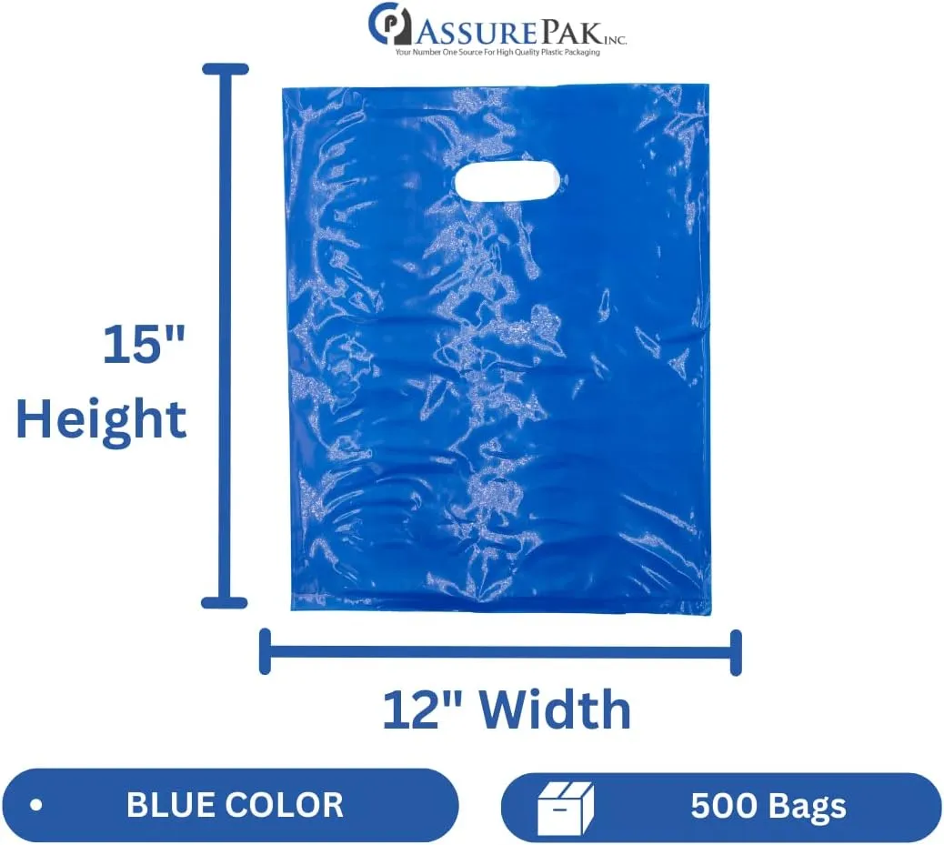LDPE Die Cut Merchandies Bags - 12"x15" - 500 Bags - 1.5 mil - Blue - 1215DCBLUE - AssurePak