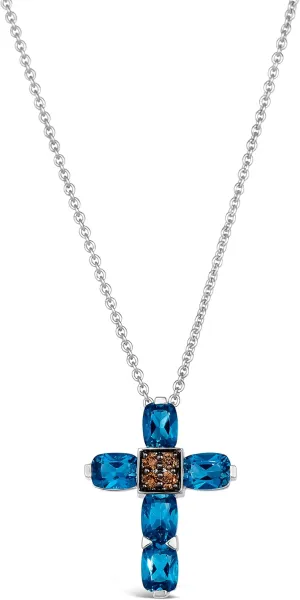 LE VIAN Chocolate Diamond and 3/4 Carat Blue Topaz Cross Pendant Necklace for Women in 14k White Gold (Brown, 0.04 cttw) on 18 Inch Long Chain with Lobster Claw Clasp