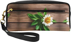Leather Small Makeup Bag â€“ Teal Flower on Plank Print Travel Toiletry Bag, Cosmetic Accessories Organizer for Business Trips