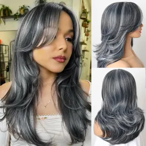 LEOSA Silver Wig Gray Ombre Layered Wigs with Curtain Bangs for Women Synthetic Long Dark Grey Wig Wavy Layered Gray Hair Wig for White Women Shoulder-Length Wavy Wig for Daily Use, 18 Inch