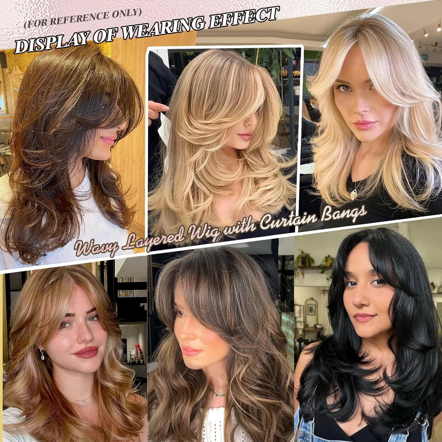LEOSA Silver Wig Gray Ombre Layered Wigs with Curtain Bangs for Women Synthetic Long Dark Grey Wig Wavy Layered Gray Hair Wig for White Women Shoulder-Length Wavy Wig for Daily Use, 18 Inch