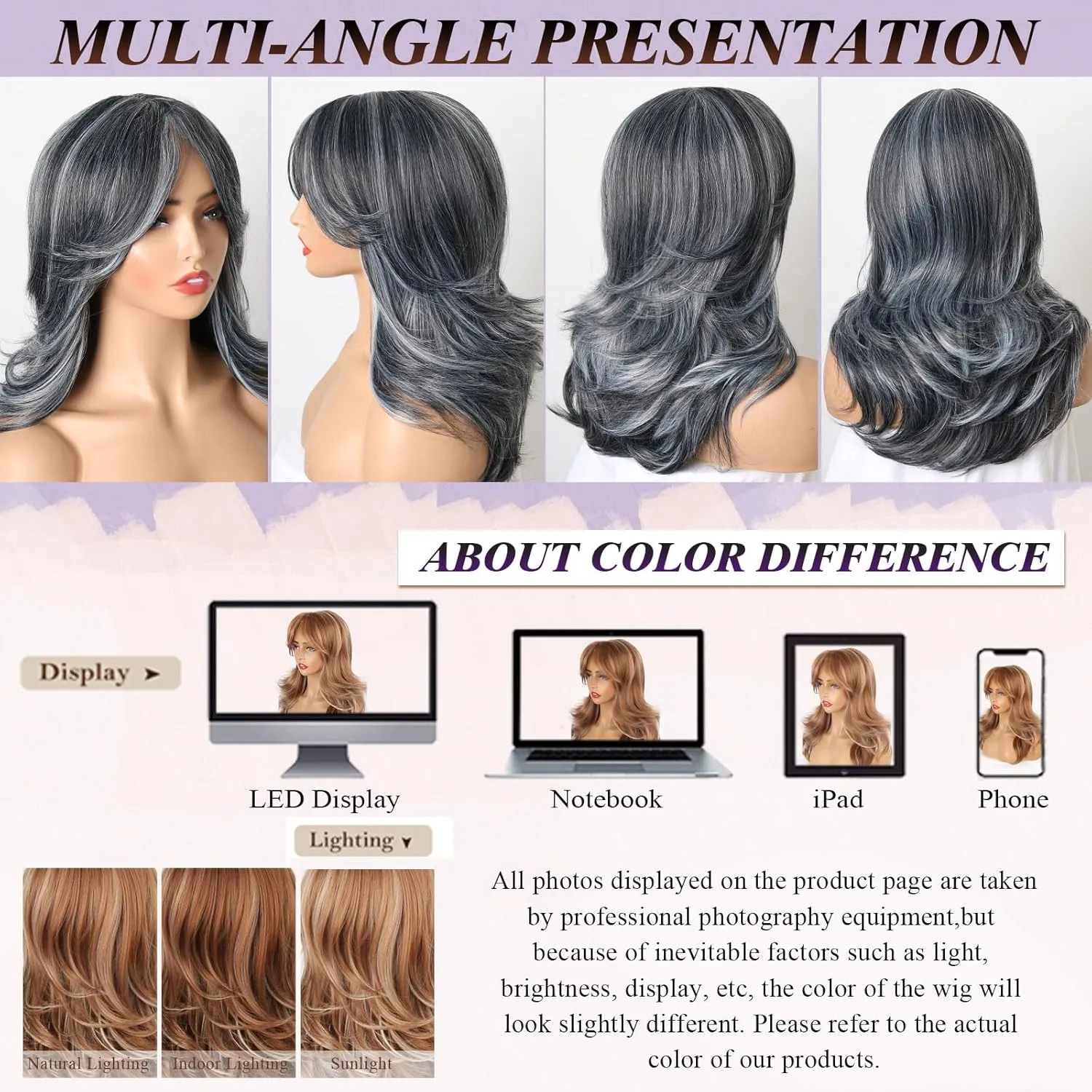 LEOSA Silver Wig Gray Ombre Layered Wigs with Curtain Bangs for Women Synthetic Long Dark Grey Wig Wavy Layered Gray Hair Wig for White Women Shoulder-Length Wavy Wig for Daily Use, 18 Inch