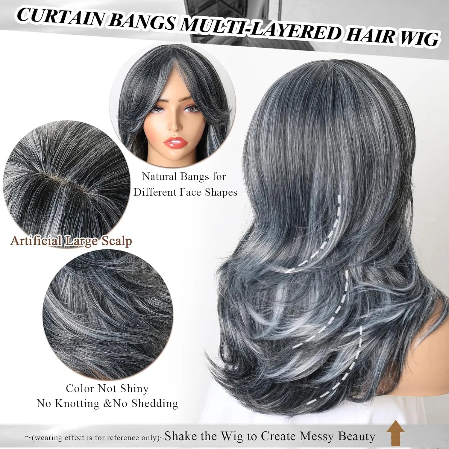 LEOSA Silver Wig Gray Ombre Layered Wigs with Curtain Bangs for Women Synthetic Long Dark Grey Wig Wavy Layered Gray Hair Wig for White Women Shoulder-Length Wavy Wig for Daily Use, 18 Inch