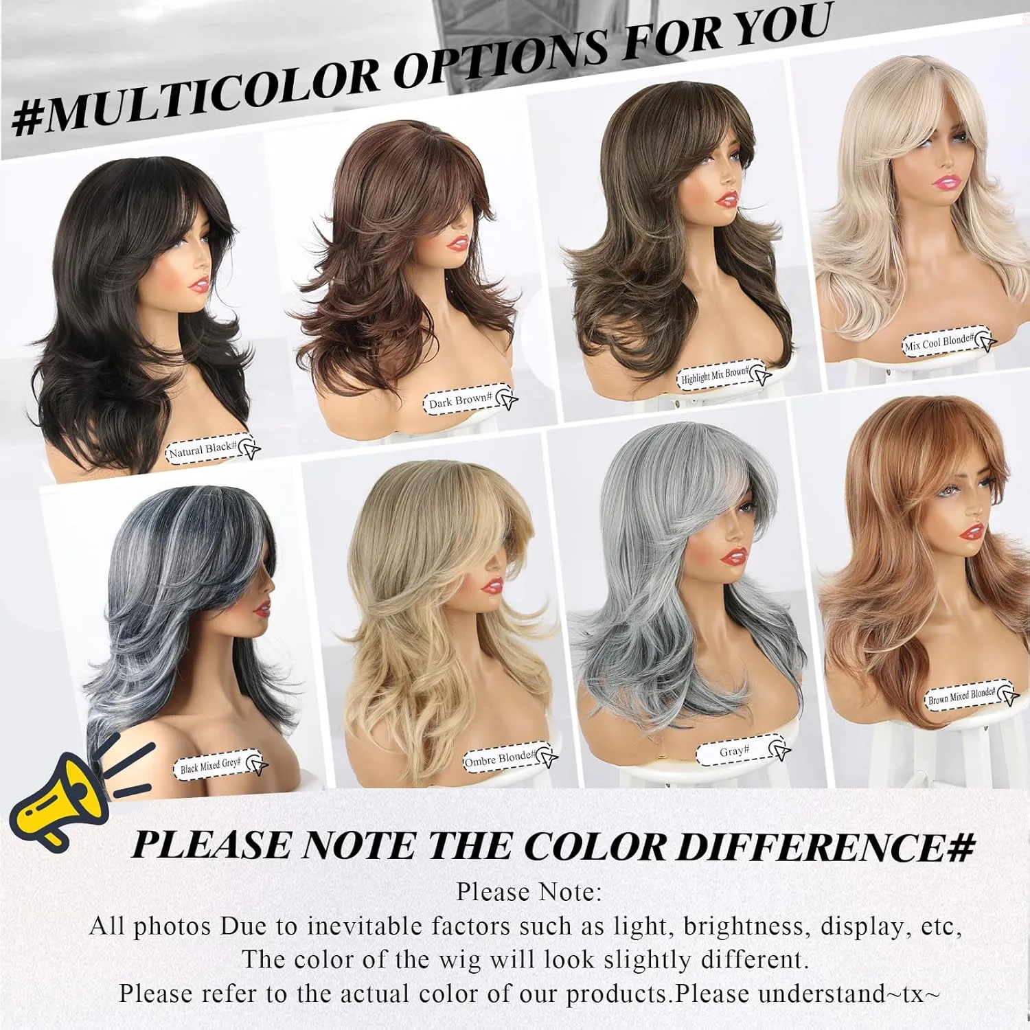 LEOSA Silver Wig Gray Ombre Layered Wigs with Curtain Bangs for Women Synthetic Long Dark Grey Wig Wavy Layered Gray Hair Wig for White Women Shoulder-Length Wavy Wig for Daily Use, 18 Inch